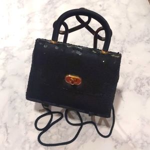 Vintage Black Handmade Carla Marchi Woman's Sequin Crossbody Evening Purse